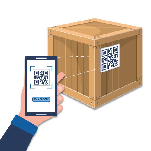 Beispielkiste mit QR Code und Handy, um zu symbolisieren, dass man für die Kisten abstimmen kann.